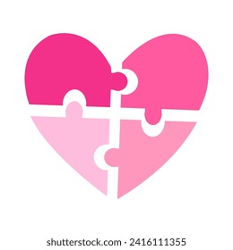 Simple pink heart made from jigsaw puzzle pieces. Saint Valentine's Day design element.