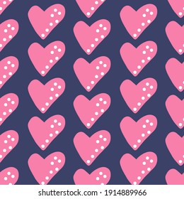 Simple pink hearts on dark blue background. Vector seamless pattern.