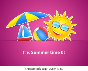 Simple pink Holiday Card with sun, umbrella, boat and beach ball made from paper-vector