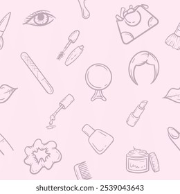 Simple pink monochrome seamless pattern with cosmetics, beauty, makeup and hairstyle items. Vector background for a beauty salon, advertising the services of a hairdresser, cosmetologist. Set of icons