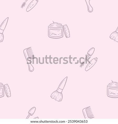 Simple pink monochrome seamless pattern with comb, cream, mascara and cosmetic brush. Vector background for a beauty salon, advertising the services of a hairdresser, cosmetologist. Set of icons