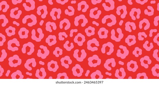 Simple pink on red leopard skin print seamless pattern. Cheetah skin flat style background in vibrant red and hot pink color. Hand drawn vivid red leopard print background. Cute and fun safari design.