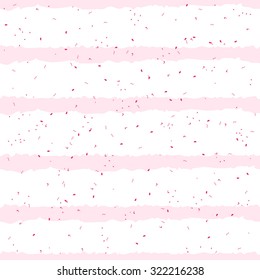 Simple pink on white striped background with red speckles. Vector seamless print.