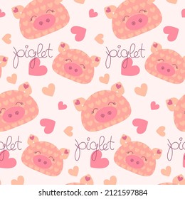 Einfaches rosa Ferkel-Vektormuster. Liebe rosafarbene Ferkel. Lächelndes SchweineGesicht. rosafarbene Tapete. Pastellrosa Farben. Liebe Stimmung. Tapete im Cartoon-Stil. Geschenk. Schleifpapier. Schreiben. Kalligrafie.