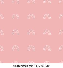 Simple pink Rainbow shapes, curves, arcs. u shaped abstract seamless pastel pink and white pattern. Hand drawn vector illustration.
