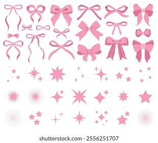 Simple pink ribbon bow collection. Bowknot for decoration, big set of pinky bowtie. Large retro hand drawn ribbon illustration. Set of cartoon bow knots, gentle gift ribbons. Retro sparkle icons set