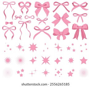 Simple pink ribbon bow collection. Bowknot for decoration, big set of pinky bowtie. Large retro hand drawn ribbon illustration. Set of cartoon bow knots, gentle gift ribbons. Retro sparkle icons set