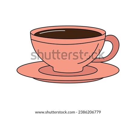 Simple pink tea or coffee cup with saucer. Retro doodle element, black outline. Simple flat design