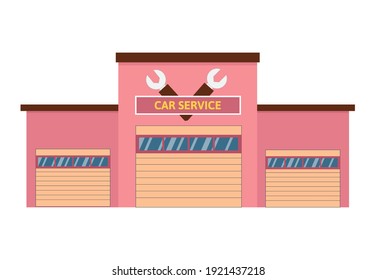 Simple pink women Car service and repair building or garage with big window and the door. Vector illustration isolated on white. Opened automatic door.