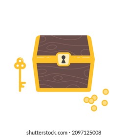 Simple pirate wooden chest with golden coins and key. Adventure theme illustration. Flat vector objects isolated on white background.