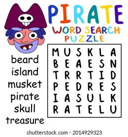 Simple pirate word search puzzle for children vector illustration. Funny word game in English with cartoon pirate - colorful printable worksheet 