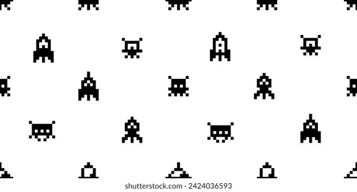 Simple Pixel 8-bit space arcade icons seamless pattern of retro video game background of ufo aliens and spaceships vector silhouette 