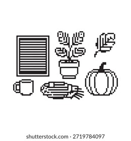 A simple pixel art arrangement featuring plants pumpkin and household items