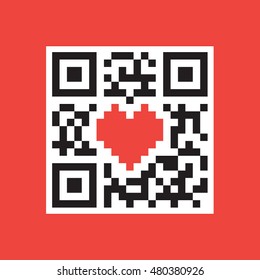 Simple pixel art game style heart qr code mobile sticker vector illustration