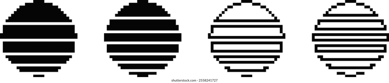 Simple pixel art showing four black and white striped ovals in a row.