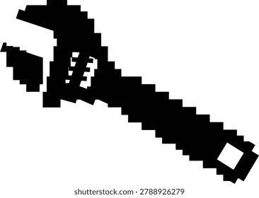 A simple pixel art style black silhouette of an adjustable wrench, also known as a shifting spanner, set against a white background.