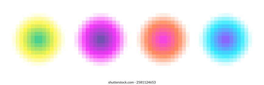 Simple Pixel Circle Gradient print. Colorful Abstract Gradation Backgrounds. Blur effect Circle mosaic. Square shapes. Electric pink. Noise round forms. Bright colors. Cyber futuristic style. Grid
