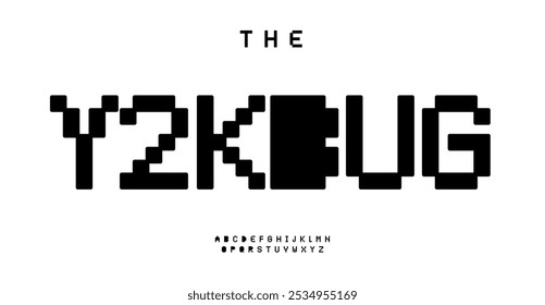 Fuente de píxeles simple, letras digitales de 8 bits, nostálgico alfabeto de vibración Y2K para el logotipo y titular de los juegos arcade de la década de 2000. Tipografía de pop cibernético juguetón. Tipografía de Antiguas tech. tipografía de Vector