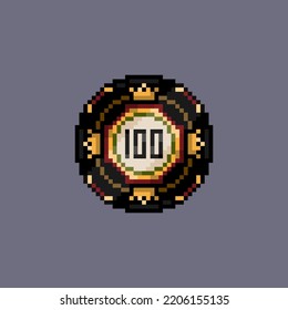 Simple pixel gambling logo for video game, exchange, nightclub. 8 bit illustration of a casino chip. Risky fun for adults. Poker in Las Vegas. Hit the jackpot and win a large amount of money.