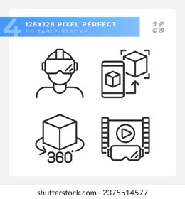 Simple pixel perfect icons collection representing VR, AR and MR, editable black thin line illustration.