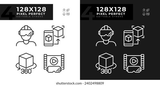 Simple pixel perfect icons collection representing VR, AR and MR, editable light and dark thin line illustration.