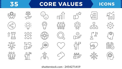 Simple Pixel Perfect Set of Core Values, Goals and Target Related Vector Line Icons. Contains thin Icons as Achievement,will to win, empathy, Aim, Motivation and more. Editable Stroke
