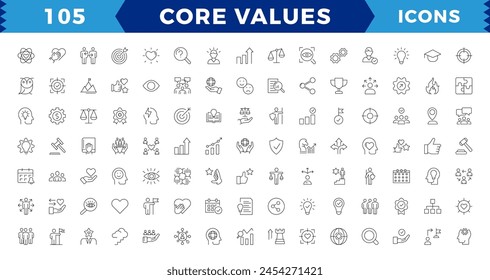 Simple Pixel Perfect Set of Core Values, Goals and Target Related Vector Line Icons. Contains thin Icons as Achievement,will to win, empathy, Aim, Motivation and more. Editable Stroke
