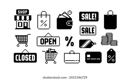 Conjunto de iconos de compras y dinero de píxeles simples - plantilla vectorial. Icono de tienda o tienda de píxeles. Signo de píxel vintage abierto y cerrado. Marketplace pixel art muestra iconos de la colección. Activos de juegos de ordenador retro de 8 bits