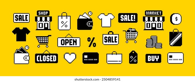 Simple Pixel shopping and money icon set - vector template. Pixel shop or store icon. Open and Closed vintage pixel sign. Marketplace pixel art signs icons collection. Retro 8-bit computer game assets