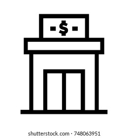 Simple pixel style line icon of a bank. Dollar symbol on a signage above a store linear vector illustration. Isolated on white background.