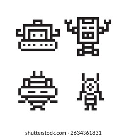 Simple Pixelated Black and White Robot Character Illustration Set for Game Assets