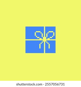 A simple, pixelated blue gift box with a yellow ribbon. Perfect for adding a retro touch to any design.