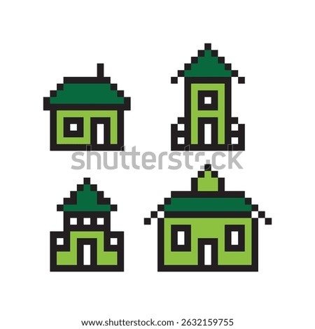 Simple Pixelated Green House Icon Set Building Architecture Element
