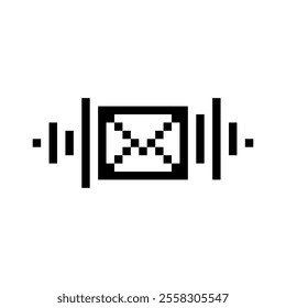 A simple, pixelated image of an envelope with vertical lines on both sides.represent concepts like email, message, letter, document, paper, communication, signal, or transmission.