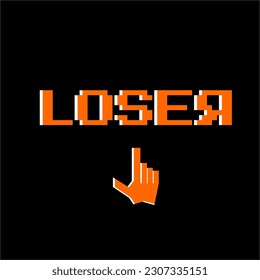 Simple pixelated Loser text. unique videogame badge with loser symbol. minimal trend style pixel art logotype graphic design element