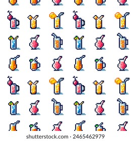 Simple pixelated summer drinks pattern, vector illustration
