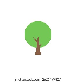 Ícone simples de árvore pixelizada. Árvore de pixel art minimalista com folhas verdes e um tronco marrom