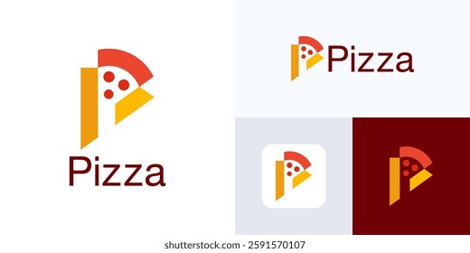 Simple pizza logo design vector illustration, Letter P integrated with pizza logo, Pizza logo design template, Symbol emblem for cafe and restaurant, Food delivery service, Italian restaurant food.