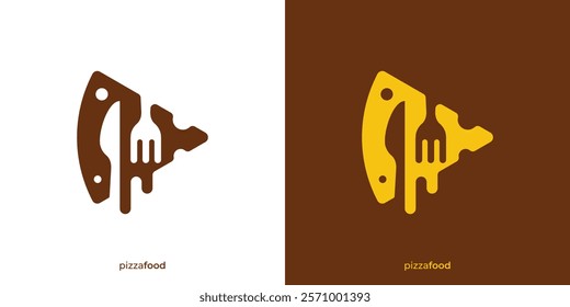 Simple Pizza Logo. Slice of Pizza and Knife Fork Icon Graphic. Fast Food Logo Design Template.