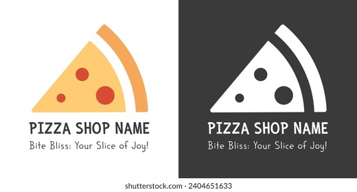 Simple Pizza Logo Vector Design: Colored, Flat Slice with Brand Name and Tagline. Inverted Silhouette White Logo on Black Background. Pizza Icon Vector Illustration for Your Branding Needs