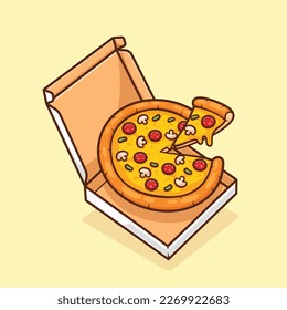 simple pizza with melted cheese pop up from box isolated design vector illustration