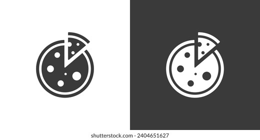 Simple Pizza with a Slice cut Icon. Black Silhouette on White Background and Inverted White on Black. Vector Design for a Clean Aesthetic. Pizza icon simplistic Illustration in Minimalist Style