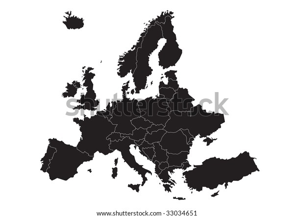ヨーロッパの単純な平易な政治地図 ベクターイラスト 国境を持つヨーロッパ諸国 デザインの白黒の背景またはエレメント のベクター画像素材 ロイヤリティフリー