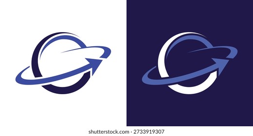 einfaches Planeten Galaxie Pfeil-Logo. abstrakte Logografik mit gesättigtem Planeten