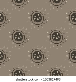 Simple planet ornament seamless doodle patern. Brown cosmic elements on beige background and dots. Great for wallpaper, textile, wrapping paper, fabric print. Vector illustration.