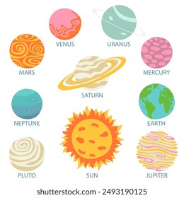 Simple planets of Solar system and Sun. Adorable celestial bodies in outer space. Cute astronomical objects on their orbit in galaxy. Flat cartoon illustration, isolated on the white background