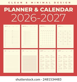 Simple planner calendar 2026, 2027 in clean and minimal design