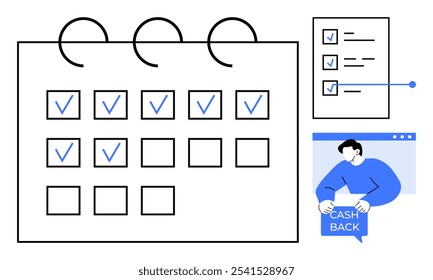 Simple planner with checkbox marks, task checklist, and individual holding a cashback sign. Ideal for organizing, scheduling, productivity, financial planning, minimalistic designs