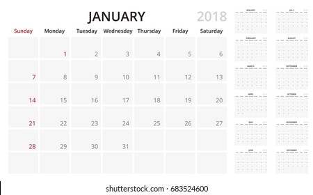 Simple planner month by month calendar 2018 template, week start Sunday