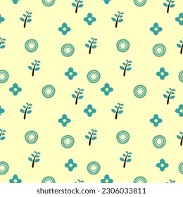 Simple plant, flower, and circle seamless pattern background. Can be used as design for greeting cards, fabric, wallpaper for babies, etc. Small cute flower.